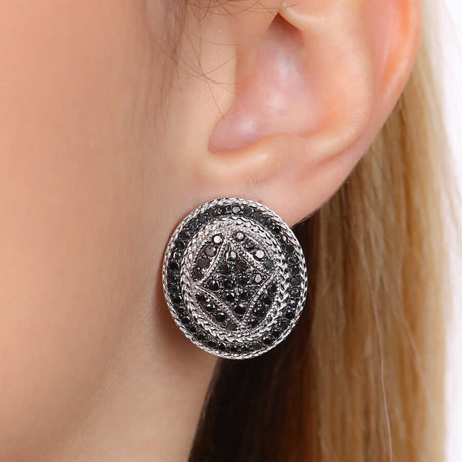 Par de Brinco em Prata 925 com Diamantes Negros