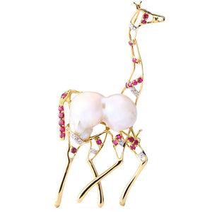 Broche pingente Girafa em Ouro Amarelo com Madrepérola, Rubis e Diamantes