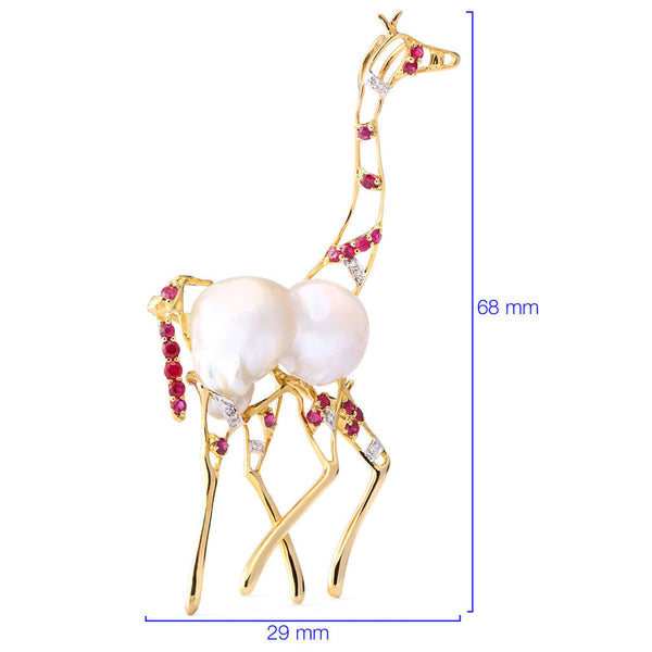 Broche pingente Girafa em Ouro Amarelo com Madrepérola, Rubis e Diamantes
