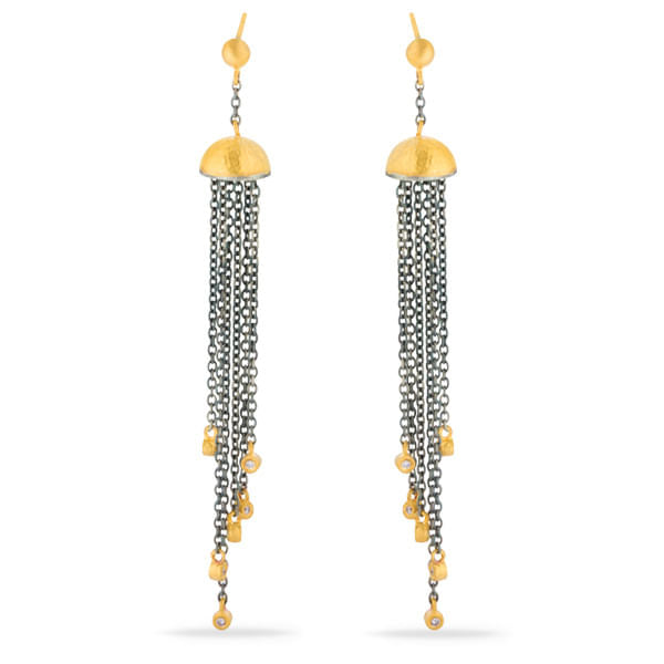 131612-Par de Brinco Linha Kurtulan Em Ouro Amarelo 18k e Prata 925 Kurtulan com Diamantes