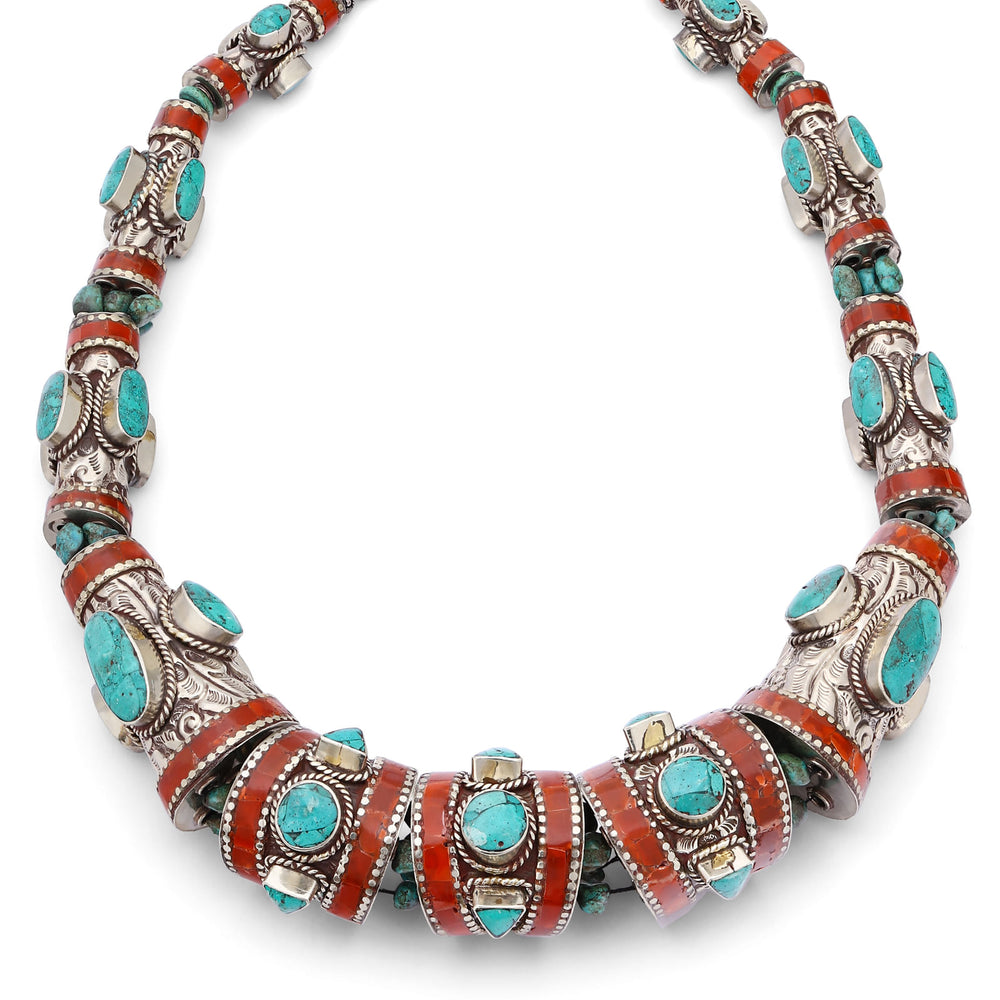 Colar Maxi Nepal Artesanal Trabalhado com Turquesa e Coral