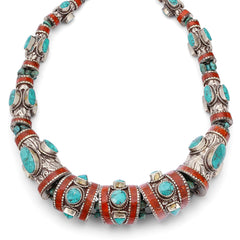 Colar Maxi Nepal Artesanal Trabalhado com Turquesa e Coral