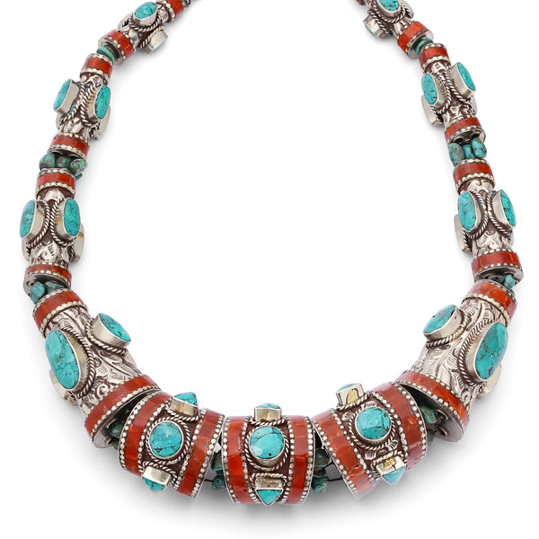 Colar Maxi Nepal Artesanal Trabalhado com Turquesa e Coral