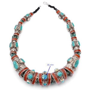 Colar Maxi Nepal Artesanal Trabalhado com Turquesa e Coral