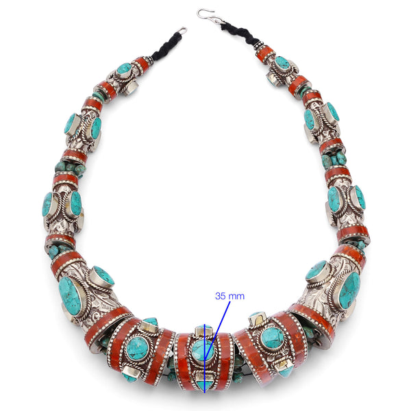 Colar Maxi Nepal Artesanal Trabalhado com Turquesa e Coral