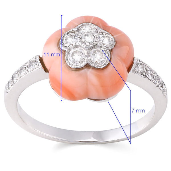Anel em Ouro Branco 18k Flor com Coral e Diamantes