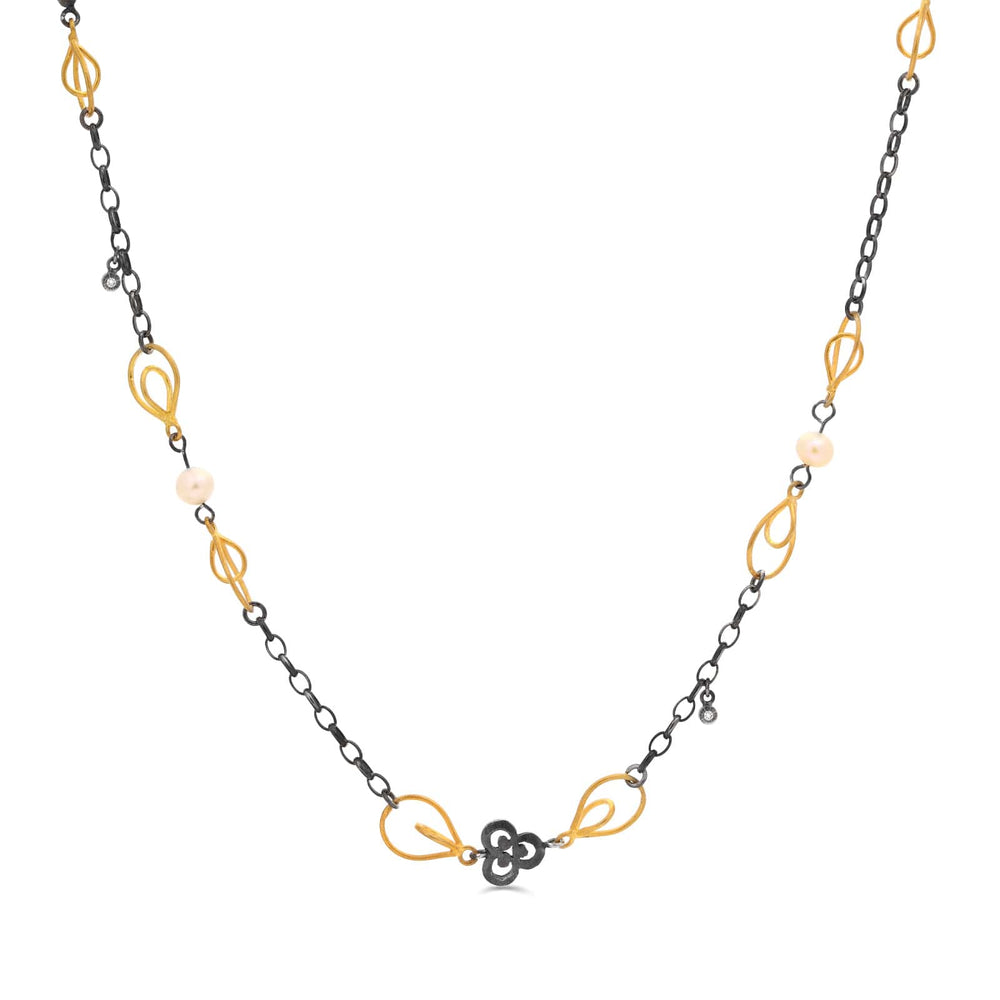 138123-Colar Linha Kurtulan em Prata 925 e Ouro Amarelo 18 k com Diamantes e Perolas