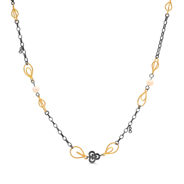 138123-Colar Linha Kurtulan em Prata 925 e Ouro Amarelo 18 k com Diamantes e Perolas
