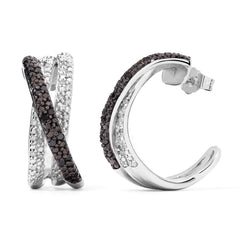 Par de Brincos Meia Argola com 84 Diamantes Negros e Brancos