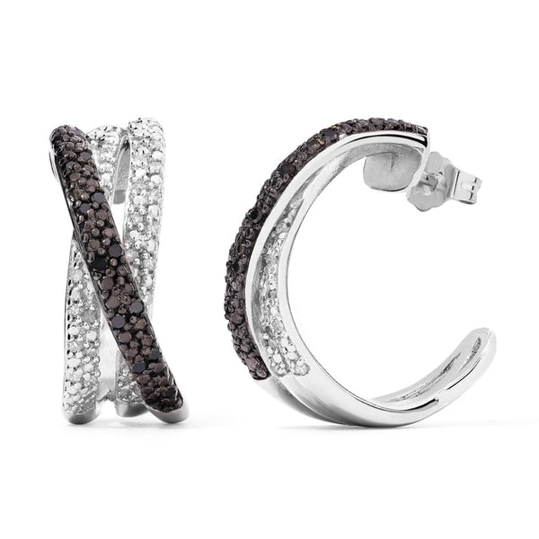 Par de Brincos Meia Argola com 84 Diamantes Negros e Brancos