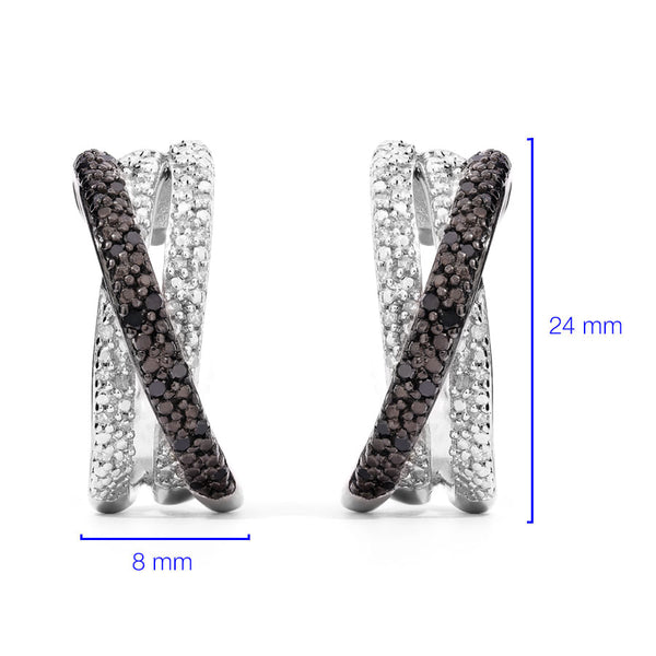 Par de Brincos Meia Argola com 84 Diamantes Negros e Brancos