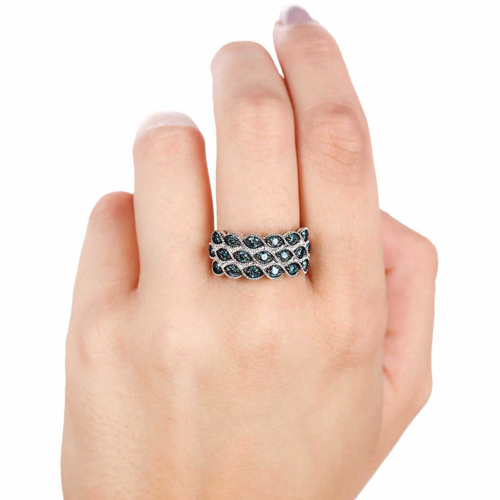 Meia Aliança em Prata 925 com Diamantes Azuis