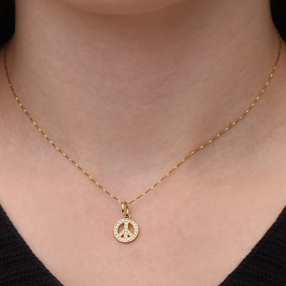 Corrente com Pingente Paz em Ouro Amarelo 18k com Diamantes