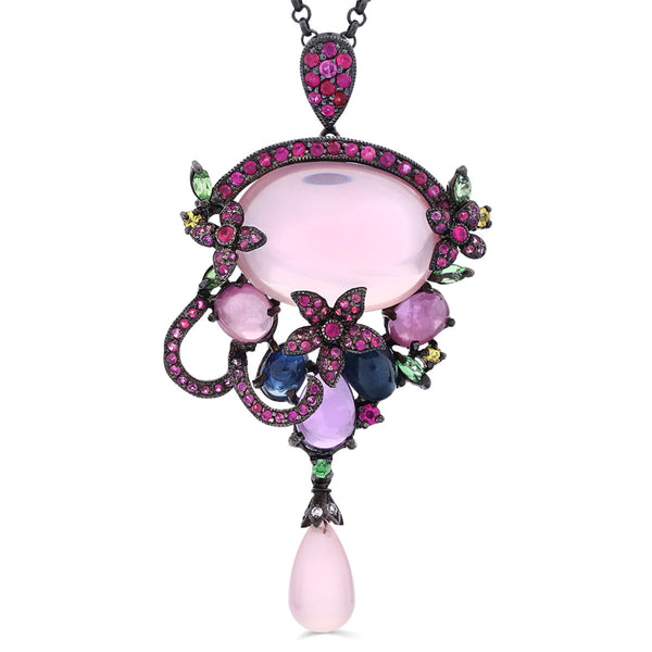 Pingente Broche Pedra Natural Rosa Com Mix de Pedras Prata