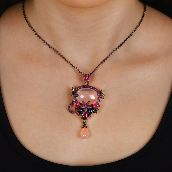 Pingente Broche Pedra Natural Rosa Com Mix de Pedras Prata