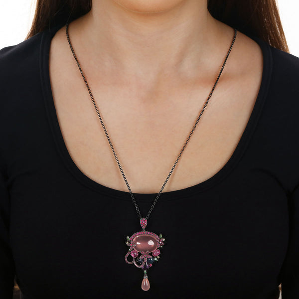 Pingente Broche Pedra Natural Rosa Com Mix de Pedras Prata