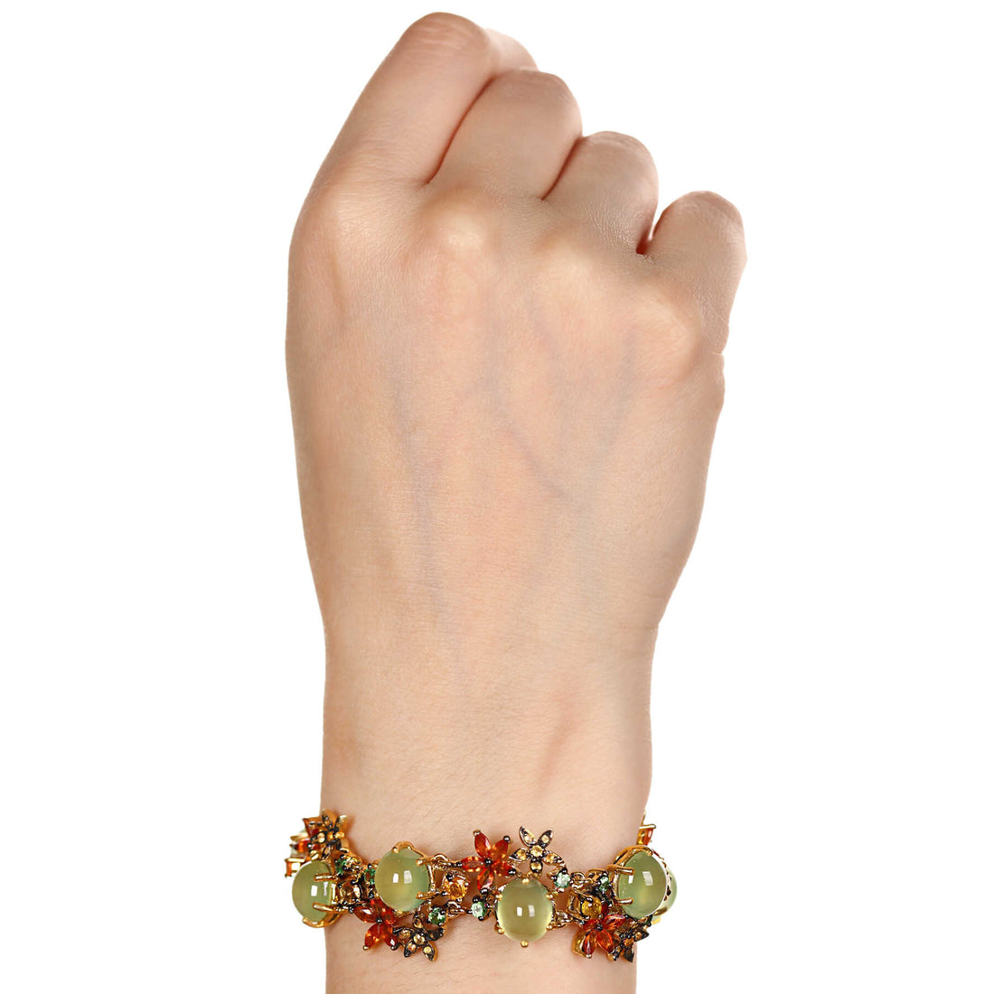 Pulseira de Prata Luxo Floral com Prenitas e Safiras Coloridas