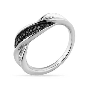 Anel em Prata 925 Torcido com Diamantes Negros e Brancos