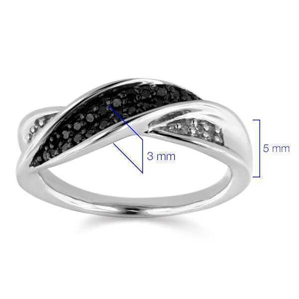 Anel em Prata 925 Torcido com Diamantes Negros e Brancos