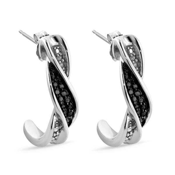 Par de Brinco em Prata 925 Torcido com Diamantes Negros e Brancos