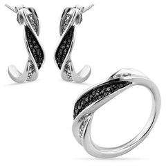 Conjunto de Prata Torcido com Diamantes Negros e Brancos