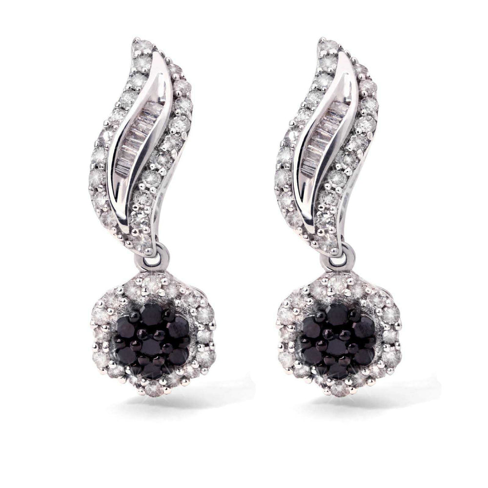 Par de Brinco em Prata 925 Flor com Diamantes Negros e Brancos