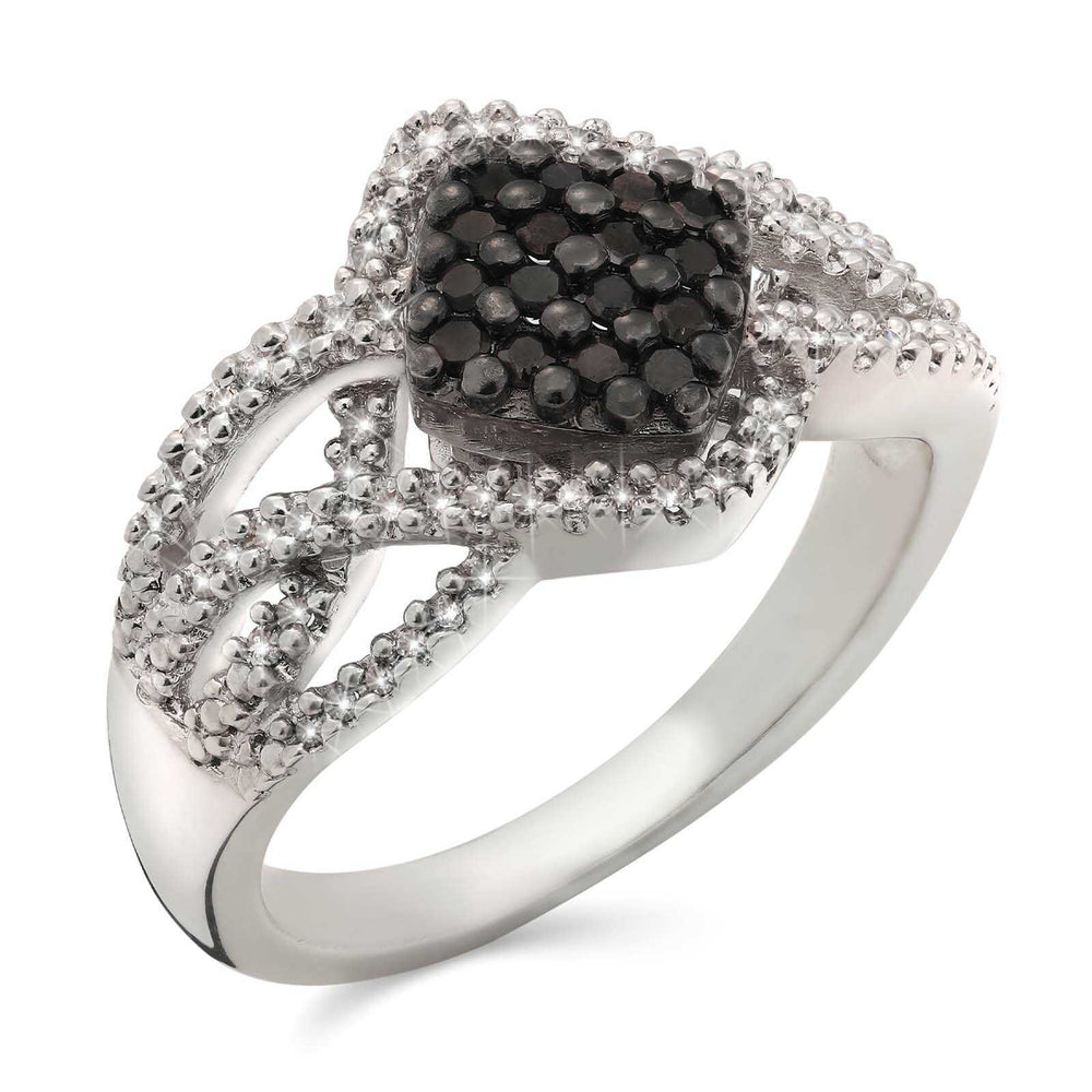 Anel em Prata 925 Flor com Diamantes Negros e Brancos