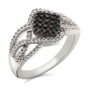 Anel em Prata 925 Flor com Diamantes Negros e Brancos