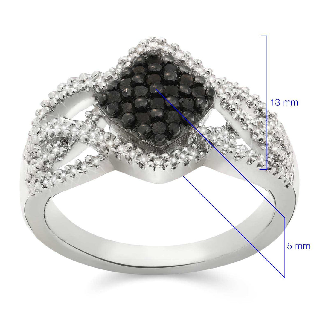 Anel em Prata 925 Flor com Diamantes Negros e Brancos