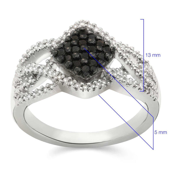 Anel em Prata 925 Flor com Diamantes Negros e Brancos