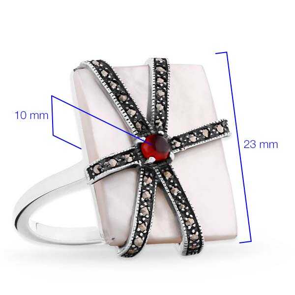 Anel em Prata 925 com Madre Pérola, Marcassitas e Granada