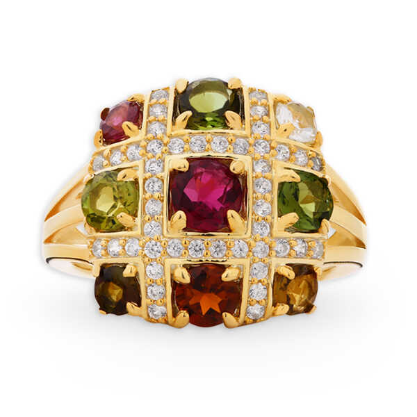 Anel Quadrado de Prata com Turmalinas e Zircônias Aprox. 3,10 cts