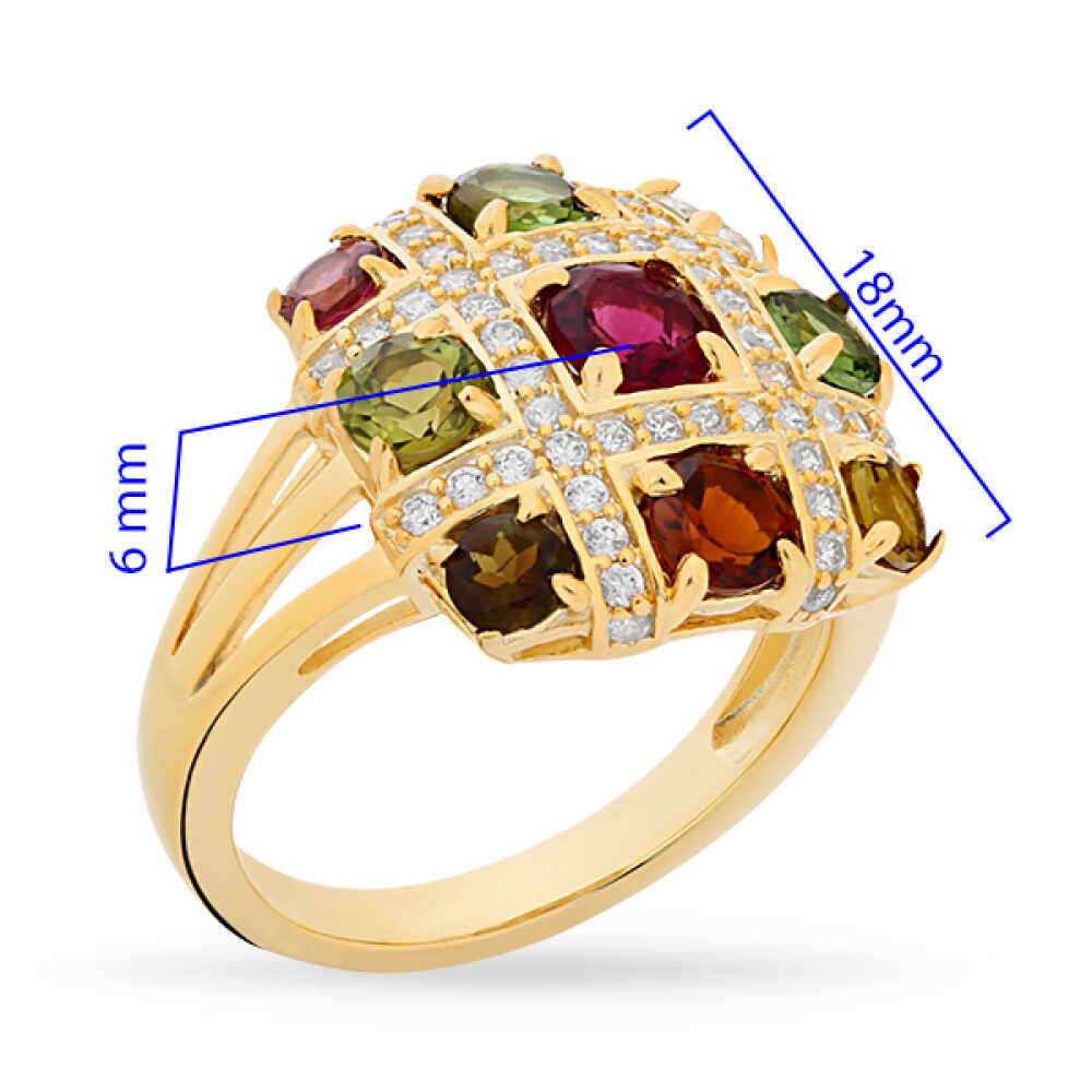 Anel Quadrado de Prata com Turmalinas e Zircônias Aprox. 3,10 cts