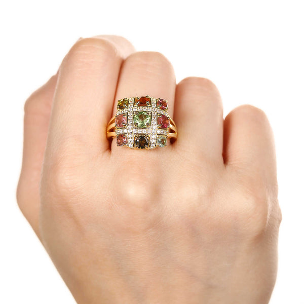 Anel Quadrado de Prata com Turmalinas e Zircônias Aprox. 3,10 cts