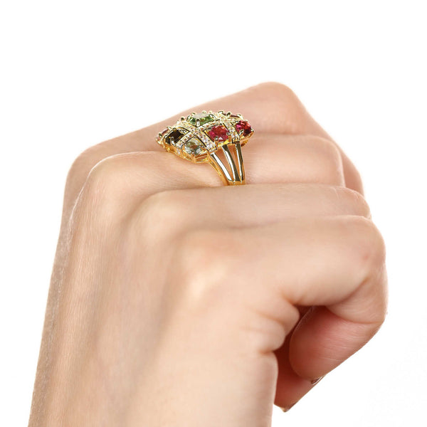 Anel Quadrado de Prata com Turmalinas e Zircônias Aprox. 3,10 cts