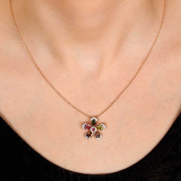 Pingente em Prata 925 Flor com Turmalinas Coloridas e Zirconias