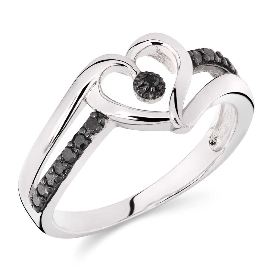 Anel em Prata 925 Coração com Diamantes Negros