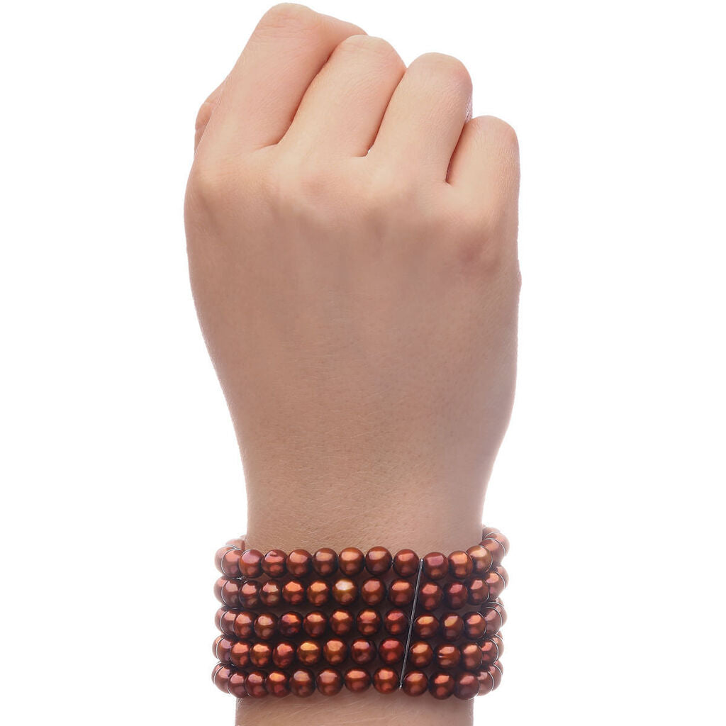 Pulseira em Prata de Pérola de Água Doce Chocolate 5 Voltas