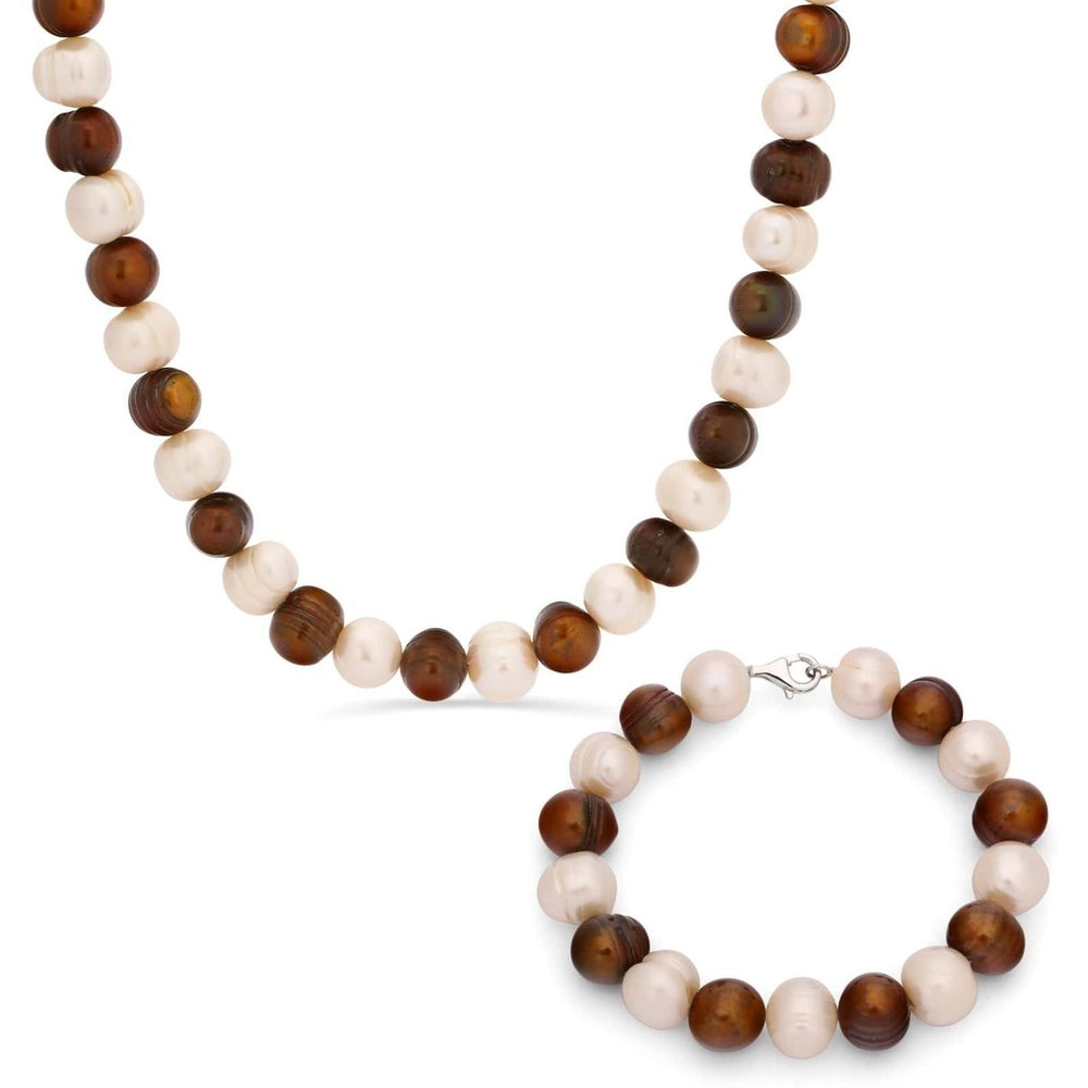 Colar e Pulseira em Prata 925 com Pérolas Brancas e Chocolate