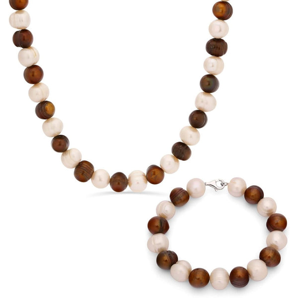 Colar e Pulseira em Prata 925 com Pérolas Brancas e Chocolate