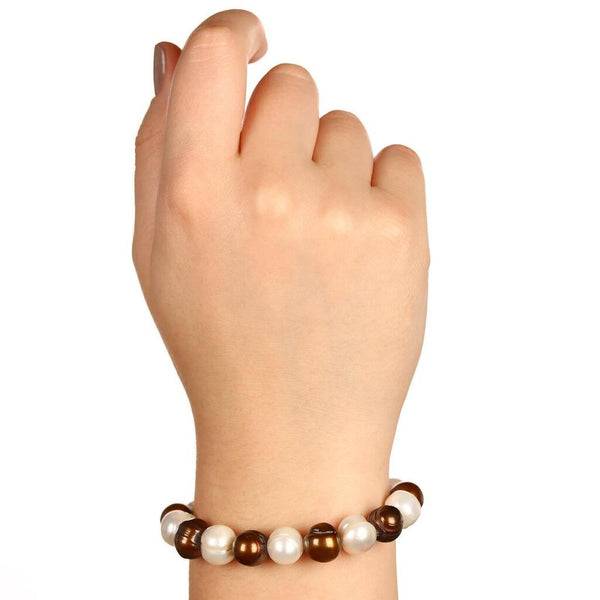 Colar e Pulseira em Prata 925 com Pérolas Brancas e Chocolate
