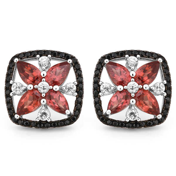 Par de Brinco em Prata 925 Flor com Granadas, Espinélios Negros e Zirconias