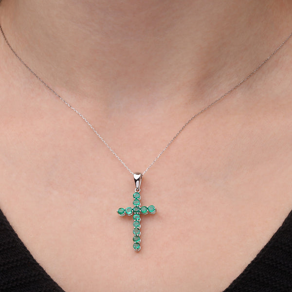 Pingente em Ouro Branco 18k Cruz com Esmeraldas