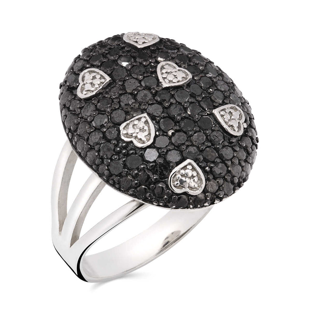 Anel em Prata 925 Oval de Corações com Diamantes Negros e Brancos