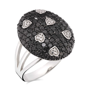 Anel em Prata 925 Oval de Corações com Diamantes Negros e Brancos