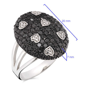 Anel em Prata 925 Oval de Corações com Diamantes Negros e Brancos
