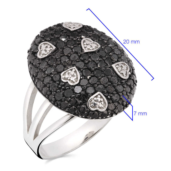 Anel em Prata 925 Oval de Corações com Diamantes Negros e Brancos