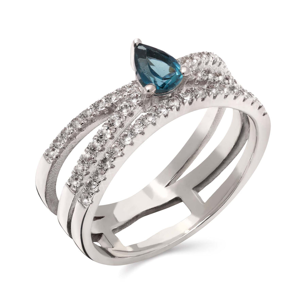 Anel em Prata 925 com Topázio London Blue Gota e Zircônias
