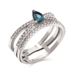 Anel em Prata 925 com Topázio London Blue Gota e Zircônias