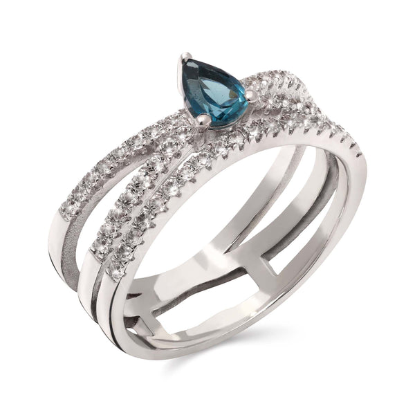 Anel em Prata 925 com Topázio London Blue Gota e Zircônias